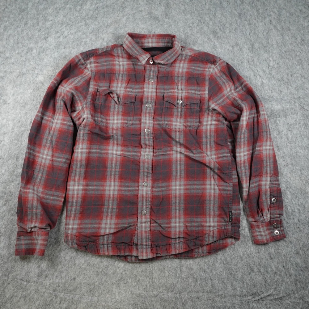 Prana Shirt Mens Small Red Plaid Asylum Flannel Cotton Flannel Long Sleeve
